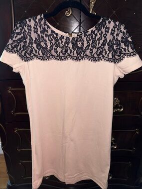H&M Pink Short Sleeve Top with Black Lace Yoke